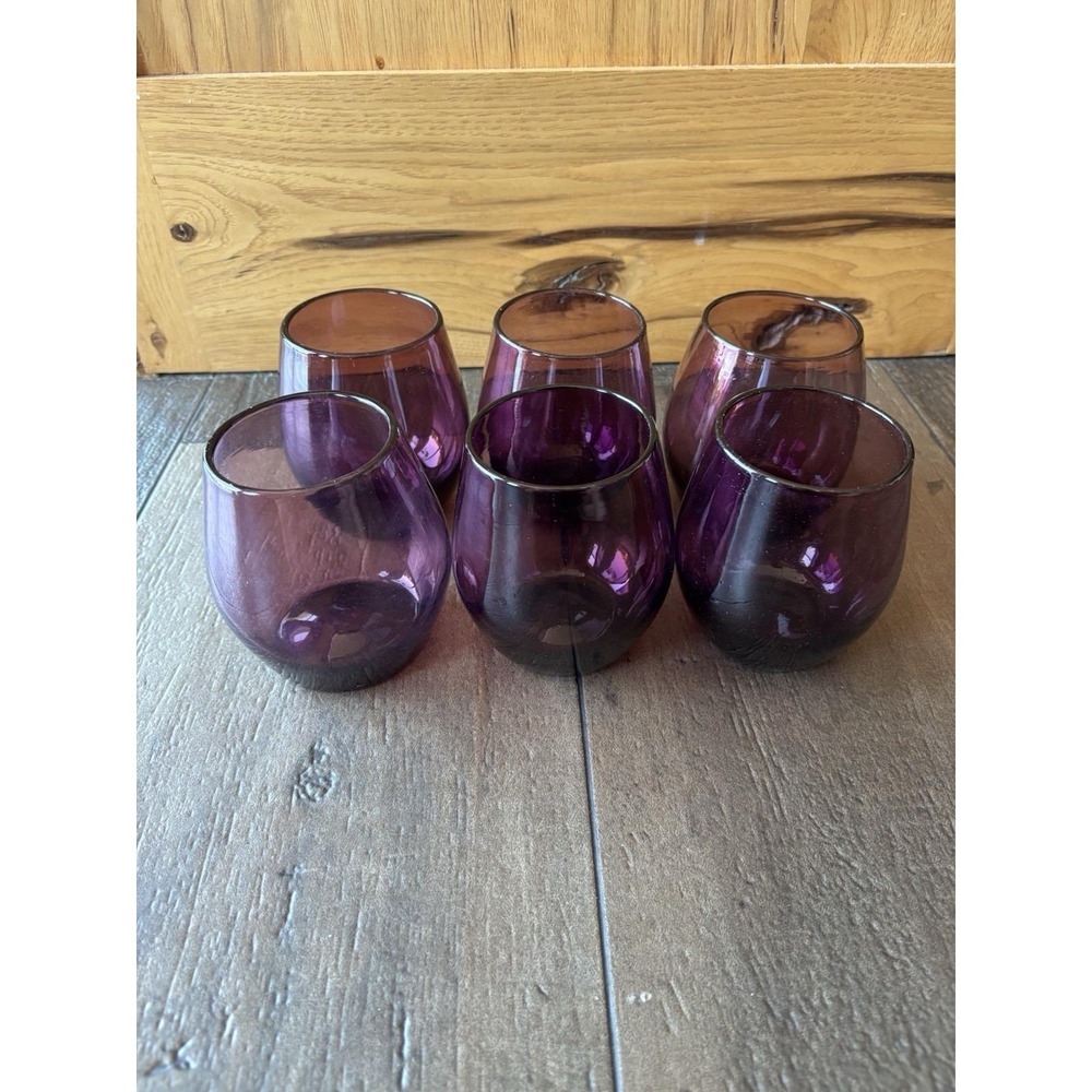 Set of 6 Purple Plum  Hand Blown Glass Tumbler Glasses 4.25"